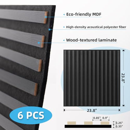 Art3d 6-Pack Acoustic Wood Slat Panel & Ceiling Tile, 2 x 2 ft, Blackwood - color: Blackwood, size: 24 x 24 inch