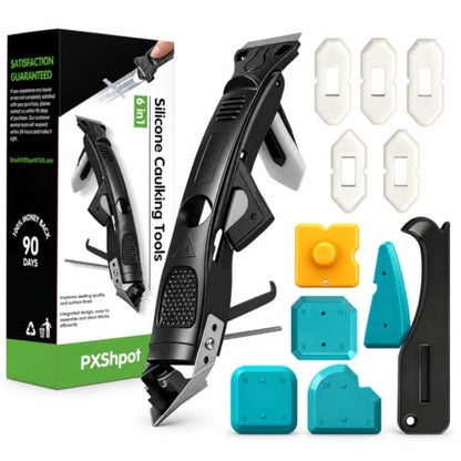 6 in 1 Silicone Caulking Tool Kit Caulking Grout Removal Sealant Finishing Tool with Stainless Steel Head, 6 Silicone Pads, Grout Removal Tool for Kitchen Sink Bathroom Toilet Caulking