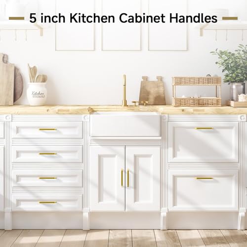 Estmoon 10 Pack 5 Inch Gold Cabinet Handles Brushed Brass Cabinet Pulls, Stainless Steel Kitchen Cabinet Handles Square Pulls for Cabinets and Drawers - 5" Hole Centers(128 mm) - color: Brushed Gold