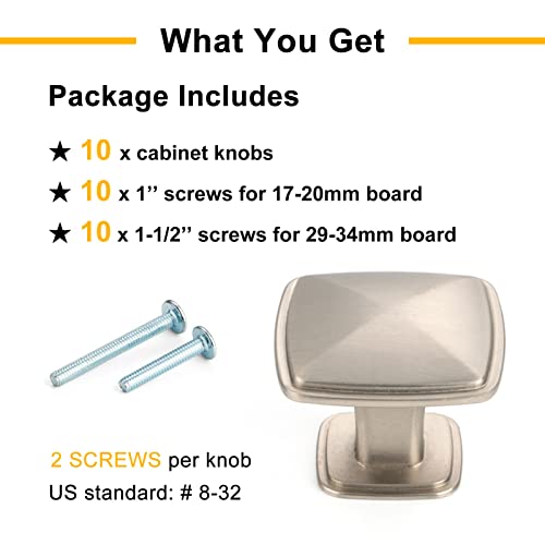 Brushed Nickel Cabinet Knobs Square Cabinet Pulls 10 Pack 1990 - color: Brushed Nickel, size: 1-1/4 Inches, style: 10 Pack Square Knob