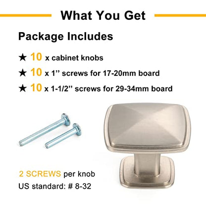 Brushed Nickel Cabinet Knobs Square Cabinet Pulls 10 Pack 1990 - color: Brushed Nickel, size: 1-1/4 Inches, style: 10 Pack Square Knob