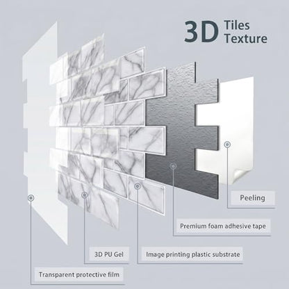 Arttown Peel and Stick 3D Wall Backsplash 10-Sheet, 12" × 12" Marble White - color: White Marble, size: 10PC 12"x12"