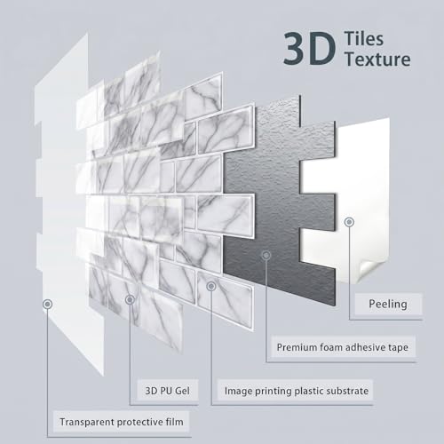 Arttown Peel and Stick 3D Wall Backsplash 10-Sheet, 12" × 12" Marble White - color: White Marble, size: 10PC 12"x12"