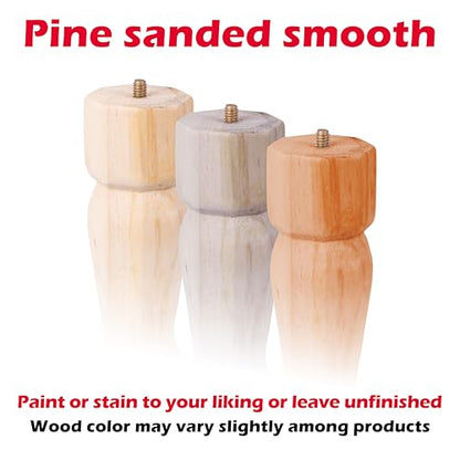 Waddell Traditional Pine Table Leg (4 Count, 9" H) | Quick Mount Decorative Wood Legs with 5/16" Hanger Bolt | Replacement Unfinished Furniture Legs for Crafts, Renovating, Upcycling DIY Home Decor - size: 9"H