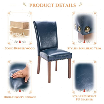 Parsons Dining Chairs Set of 4, Upholstered Nailhead PU Leather Dining Room Kitchen Side Chair with Thick Cushions and Wood Legs, Blue - color: Blue, size: set of 4