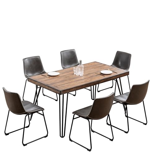 7-Piece Industrial Dining Set, 60 Inch Wood Table and 6 Chairs, Brown - color: Brown