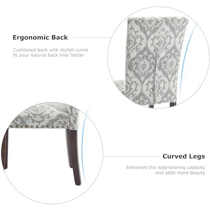 COLAMY Upholstered Parsons Dining Chairs Set of 6, Fabric Dining Room Kitchen Side Chair with Nailhead Trim and Wood Legs - Grey/White Flower - color: Grey/White Flower, size: Set of 6