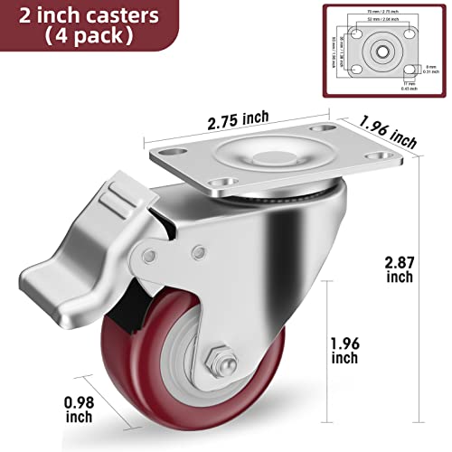 2" Heavy Duty Plate Casters with Brake, Set of 4 - color: Red, size: 2 inch
