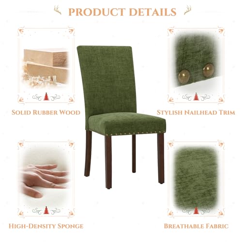 Parsons Dining Chairs Set of 6, Upholstered Nailhead Dining Room Kitchen Side Chair with Thick Cushions and Wood Legs, Green - color: Green, size: set of 6
