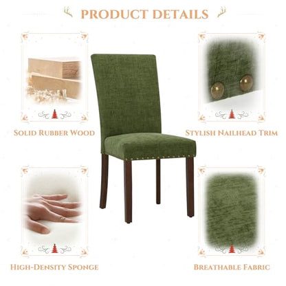 Parsons Dining Chairs Set of 6, Upholstered Nailhead Dining Room Kitchen Side Chair with Thick Cushions and Wood Legs, Green - color: Green, size: set of 6