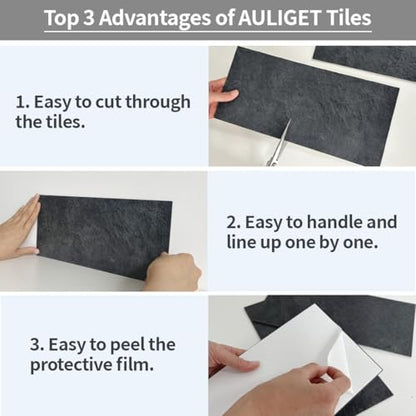 AULIGET 6" x 12" Black Slate Peel and Stick Backsplash Wall Tiles, PVC Faux Stone Stick on Tiles for Backsplash Kitchen, Bathroom, Laundry Room, Camper, Fireplace (Pack of 20) - color: Black Slate, size: 20 Sheets, 6"x12"x0.12"