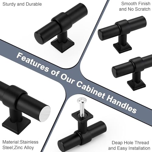 Matte Black Cabinet Knobs Single Hole T Bar Drawer Pulls 10 Pack - color: Black, size: Single Hole-2inch Length
