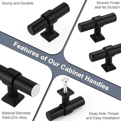 Matte Black Cabinet Knobs Single Hole T Bar Drawer Pulls 10 Pack - color: Black, size: Single Hole-2inch Length