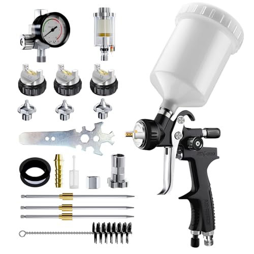 [Upgraded Version] HVLP Air Spray Gun Premium Kit with 1.3/1.5/1.7mm Nozzles, Air Spray Paint Gun with 600cc Capacity Cup & Air Regulator Paint Gun Sprayer for House Painting, Car, Furniture, Fenc - color: Upgraded Version - Black