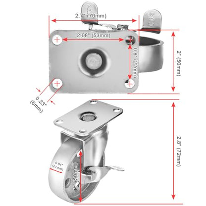 2" Steel Plate Caster Wheels, Set of 4, with Brake - size: 2" With Brake