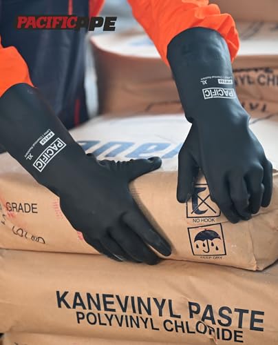 PACIFIC PPE 2 Pairs Chemical Resistant Gloves, Heavy Duty Industrial Rubber Gloves, Resist Acid, Alkali and Oil, 12.6", Large - color: 12.6"/Black (2 Pairs), size: L/9