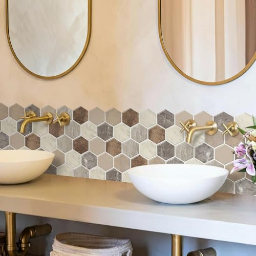 Peel and Stick Backsplash Tile Hexagon Marble 12''x12'', Kitchen Wall Tile Self-Adhesive Brown Gray White Granite Look,10-Sheet Waterproof Heat Resistant 3D Vinyl Backsplash for Bathroom Living Room - color: Brown