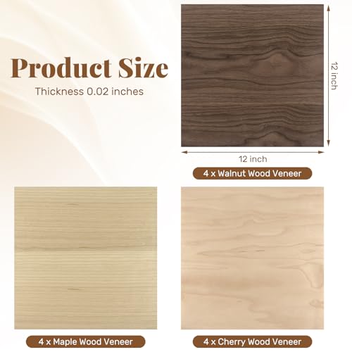 Boao 12 Pcs Wood Veneer Sheets 12" x 12", Cherry, Maple, Walnut