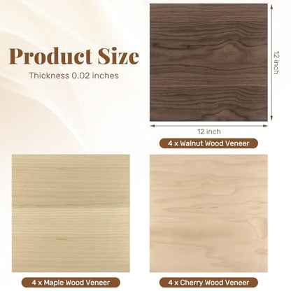 Boao 12 Pcs Wood Veneer Sheets 12" x 12", Cherry, Maple, Walnut