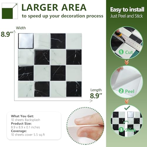 STICKGOO 10 Sheets Peel and Stick Backsplash - 9" x 9" 3D Adhesive Peel and Stick Tile Backsplash for Kitchen&Bathroom - color: White,Black