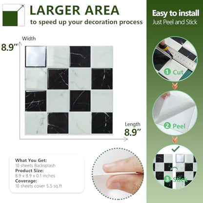 STICKGOO 10 Sheets Peel and Stick Backsplash - 9" x 9" 3D Adhesive Peel and Stick Tile Backsplash for Kitchen&Bathroom - color: White,Black