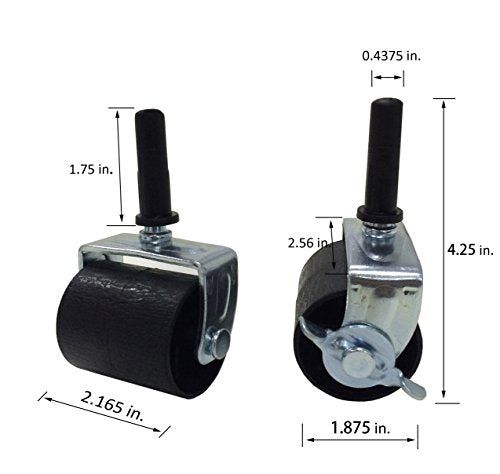King's Brand Heavy Duty Caster Wheels for Bed Frame ~Set of 4~ (2 Locking & 2 None Locking) - size: 2"W x 2"D x 4"H