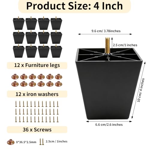 FabricJoy 12 Pack 4 Inch Plastic Furniture Legs Square Sofa Couch Legs Replacement Tapered Feet with M8 T-Nuts Screws for Legs Sofas Table Chairs Cabinets Dressers Beds - size: 4 inch