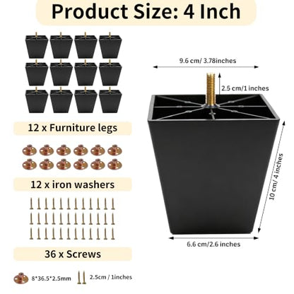 FabricJoy 12 Pack 4 Inch Plastic Furniture Legs Square Sofa Couch Legs Replacement Tapered Feet with M8 T-Nuts Screws for Legs Sofas Table Chairs Cabinets Dressers Beds - size: 4 inch