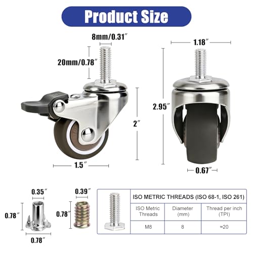 1.5 Inch Caster Wheels with Threaded Stem, Metric M8 x 20MM Screw Set of 4