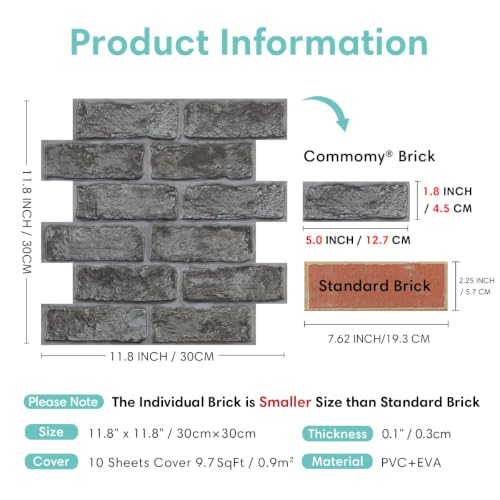 Commomy Faux Brick 3D Wall Panels Peel and Stick - 10 pcs 11.8" x 11.8" - color: Brick-PPP