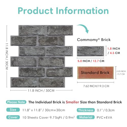 Commomy Faux Brick 3D Wall Panels Peel and Stick - 10 pcs 11.8" x 11.8" - color: Brick-PPP