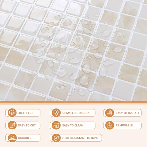 CRE8TIVE 4 Sheets Beige Peel and Stick Backsplash Small Square Mosaic Stick on Tiles for Kitchen Backsplash Tile Stickers 12"x12" Adhesive 3D Marble Wall Tiles for Bathroom Shower Tile Waterproof - size: 12"x12" (4-Sheets)