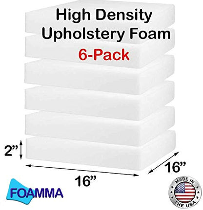 Foamma 6-Pack 2" x 16" x 16" High Density Upholstery Foam, Chair Cushion Square Foam for Dining Chairs, Wheelchair Seat Cushion Replacement - size: (6-Pack) 2" x 16" x 16" HD
