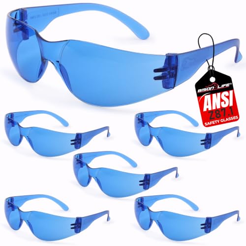 BISON LIFE Blue Safety Glasses for Men & Women, ANSI Z87.1, 6 Pack - color: Blue/Blue