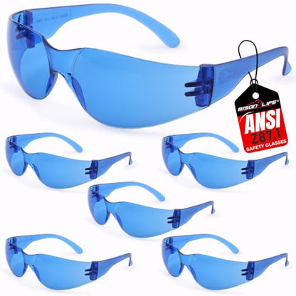 BISON LIFE Blue Safety Glasses for Men & Women, ANSI Z87.1, 6 Pack - color: Blue/Blue
