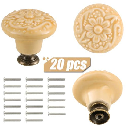 Ceramic Knobs, Embossed Floral Design - Warm Beige, 20pcs - color: Warm Beige