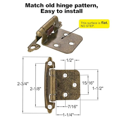 Antique Brass Cabinet Hinges, 1/2” Overlay, 4 Pack - color: Antique Brass, size: 1/2 Inch Overlay