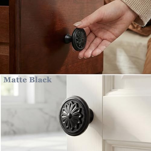 DWYL & LWYD 10 Pack Black Cabinet Knobs,Heavy Duty Zinc Alloy Flower Pattern,1-2/5"Dia Round Matte Black Kitchen Cabinet Knobs Handles for Cabinets and Drawers Drawer Pulls - color: Black