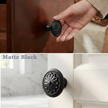 DWYL & LWYD 10 Pack Black Cabinet Knobs,Heavy Duty Zinc Alloy Flower Pattern,1-2/5"Dia Round Matte Black Kitchen Cabinet Knobs Handles for Cabinets and Drawers Drawer Pulls - color: Black