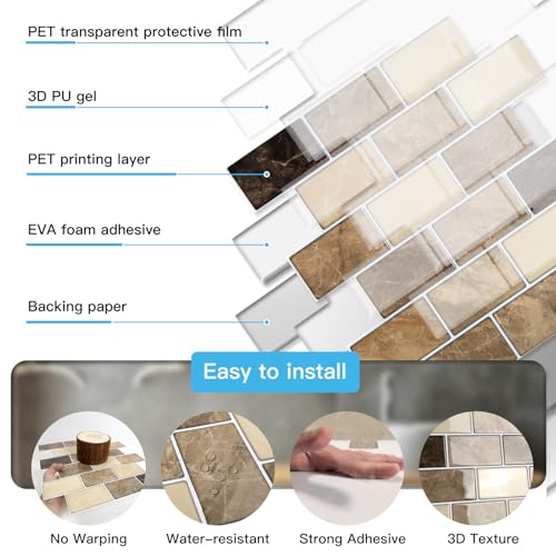 Art3d 10-Pack Subway Peel and Stick Backsplash, Yellow Jasper, 12 x 12 Inch - color: Yellow Jasper
