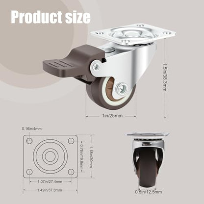 Nefish 4 Pack 1" Small Caster Wheels for Furniture Low Profile Soft Rubber Casters Swivel Plate Castors Rolling Smooth, Load Capacity 100 Lbs for Set of 4 (2 with Brake and 2 Without) - size: 1 IN