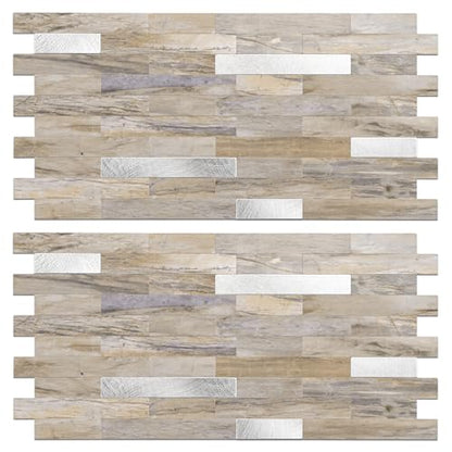 Peel and Stick Backsplash Tile Waterproof Removable PVC Wall Sticker 3D Faux Stone Marble Brick White Accent Panels (Gray - Yellow Stone - Metal Silver, 20 Tiles - 9 sq. ft. (0.84 M²)) - color: Gray - Yellow Stone - Metal Silver, size: 20 Tiles - 9 sq. ft