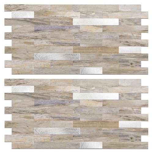 Peel and Stick Backsplash Tile Waterproof Removable PVC Wall Sticker 3D Faux Stone Marble Brick White Accent Panels (Gray - Yellow Stone - Metal Silver, 20 Tiles - 9 sq. ft. (0.84 M²)) - color: Gray - Yellow Stone - Metal Silver, size: 20 Tiles - 9 sq. ft