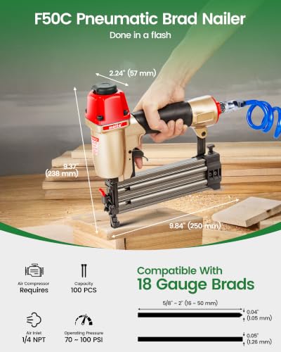 meite F50C Pneumatic Brad Nailer Kit Includes 1,000 Pcs 18 Gauge Brad Nails 1-Inch, Compatible with 5/8" to 2" Brad Nails, Ideal for Trim Work, Furniture Building & Finish Applications
