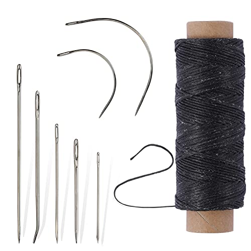 55 Yards Waxed Thread with 7 Leather Needles for Hand Sewing - color: Black