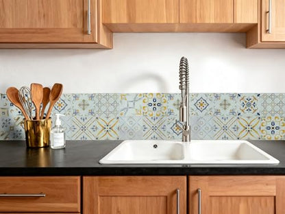 Peel and Stick Tile Stickers, 6 Sheets 9 x 9 Inch Waterproof Vinyl Tile Decals, Mediterranean Boho Self Adhesive Backsplash Stickers for Kitchen, Bathroom, Fireplace, RV - color: Bold Blue, Gold & White
