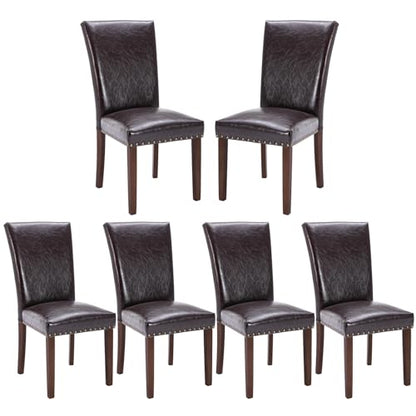 COLAMY Upholstered Parsons Dining Chairs Set of 6, PU Leather Dining Room Kitchen Side Chair with Nailhead Trim and Wood Legs - Dark Brown - color: L-darkbrown, size: Set of 6
