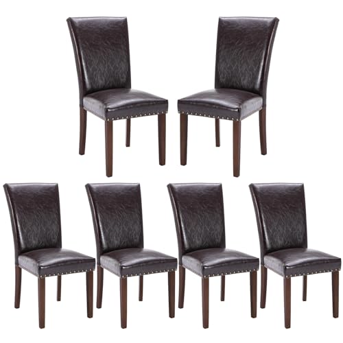 COLAMY Upholstered Parsons Dining Chairs Set of 6, PU Leather Dining Room Kitchen Side Chair with Nailhead Trim and Wood Legs - Dark Brown - color: L-darkbrown, size: Set of 6