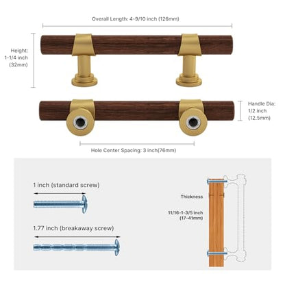 Haliwu 10 Pack 3 inch Hole Center Wood Grain and Gold Cabinet Pulls Gold Kitchen Hardware Handles 2 Tone Barrel Cabinet Drawer Pulls - color: Walnut Wood Grain& Matte Gold, size: 76mm (3 inch) Hole Center Spacing