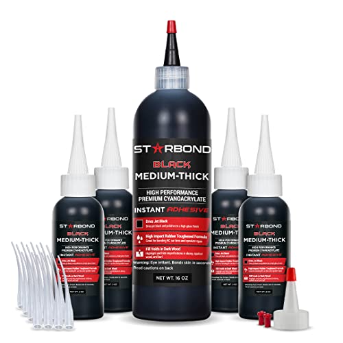 Starbond Black Medium-Thick CA Glue Complete Refill Kit (16 oz) – Rubber-Toughened, Impact-Resistant Cyanoacrylate Super Glue – for Knot Filling, Crack Repair, Woodworking, Guitar, Hobby & RC Projects - color: Black, size: 16 ounces